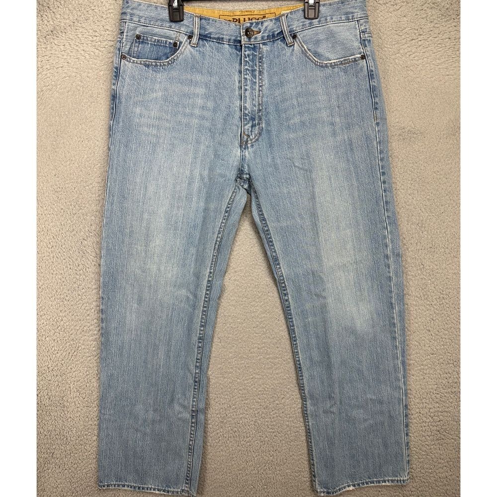 Plugg Jeans Mens 36X30 Blue Cotton Distressed‎ Straight Fit Light Washed Denim